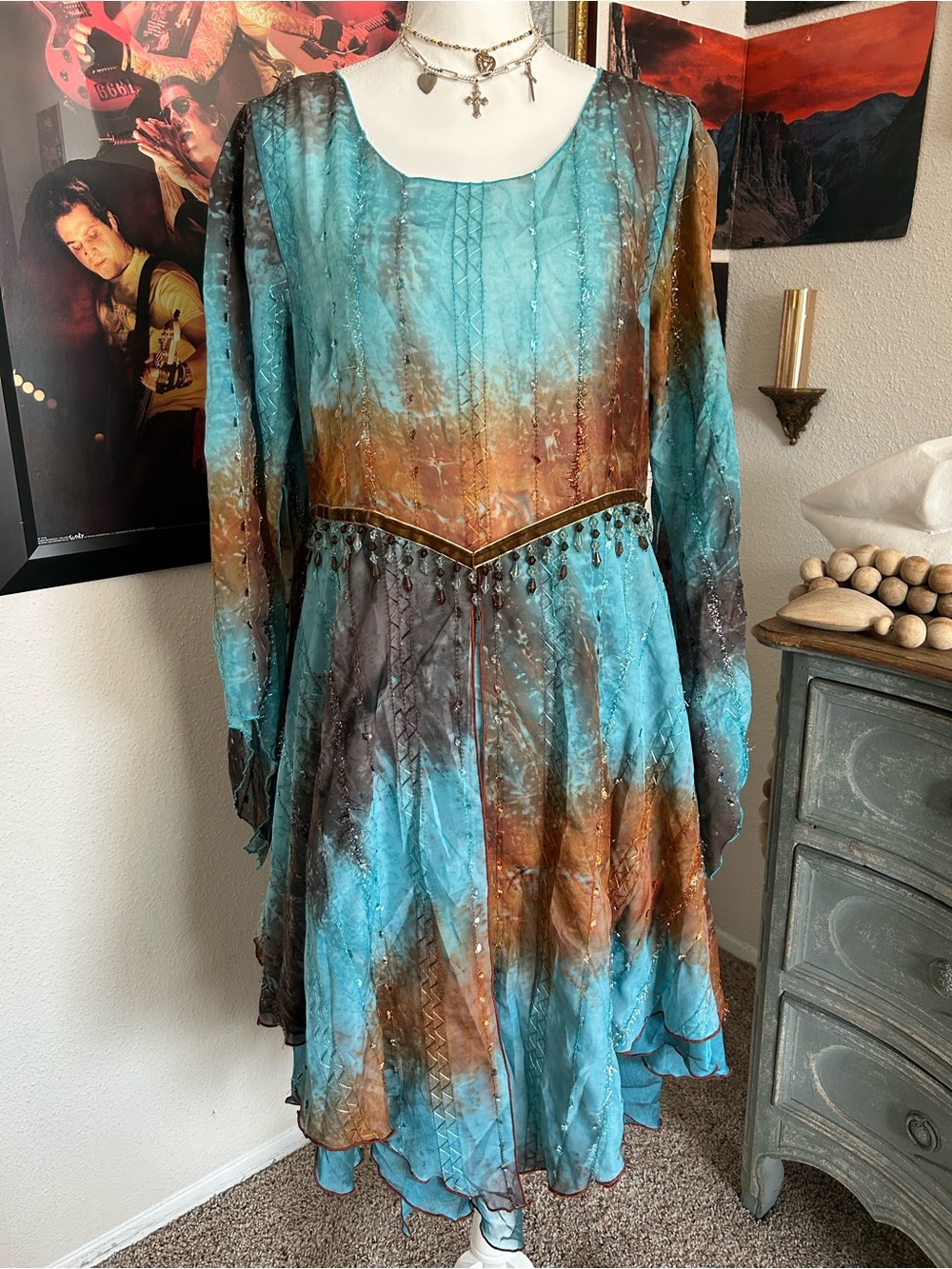 Ren Faire Dress XL Beaded Layered Bell Sleeves Fairycore Elf Renaissance Costume